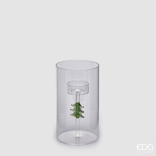 PORTAVELAS CON CRISTAL CILINDRO DE PINO